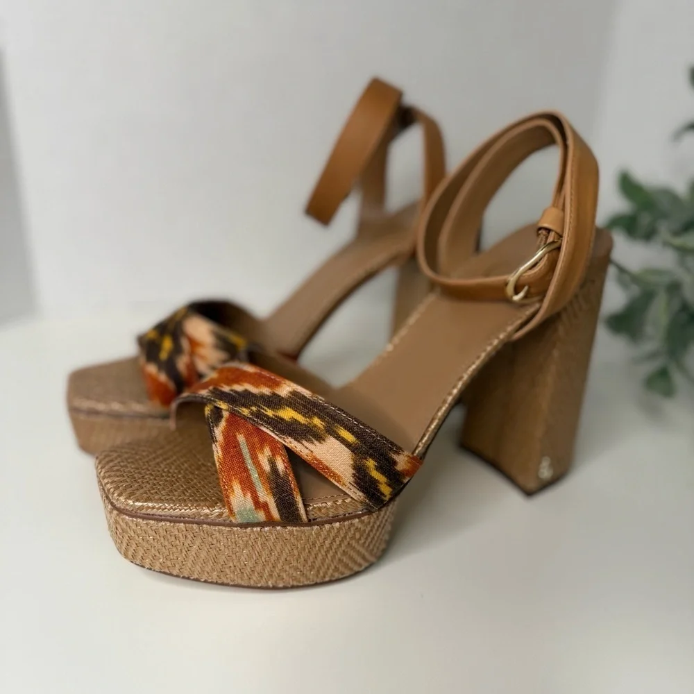 Sam Edelman Women's Nolita Raffia Platform Sandals Size 10.5M Leather Boho Print